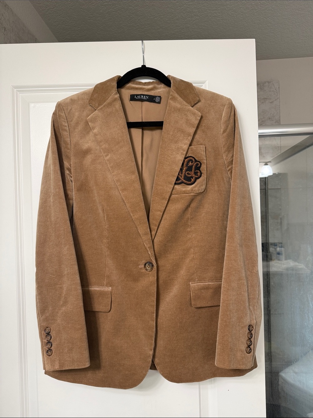 Ralph Lauren Tan Corduroy Blazer with Embroidered Pocket Crest